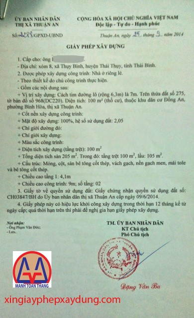 Thủ tục xin giấy phép xây dựng Thuận An-Bình Duong